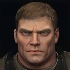 A person with a serious face. Guy Blazkowicz.

Honestly he literally just looks like Doom Guy
