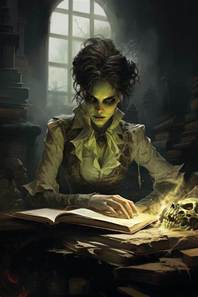 A person in green makeup reading a book

Description automatically generated